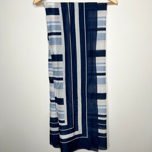 Cuyana Large Navy Blue Light Blue Pink Grey Striped Cotton/Silk Scarf Italy - Picture 1 of 10